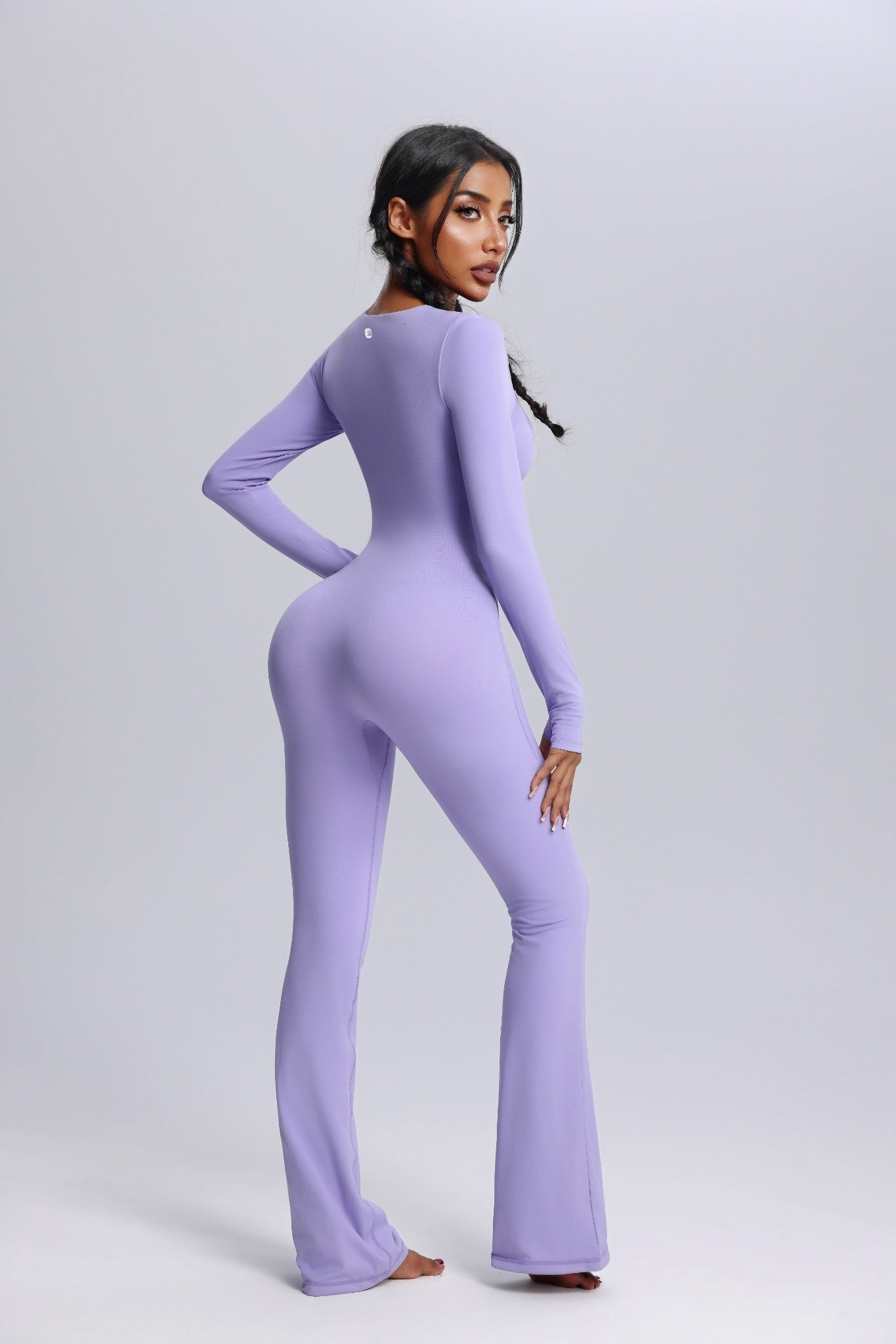 Square Neck Long Sleeve Flared Yoga Jumpsuit