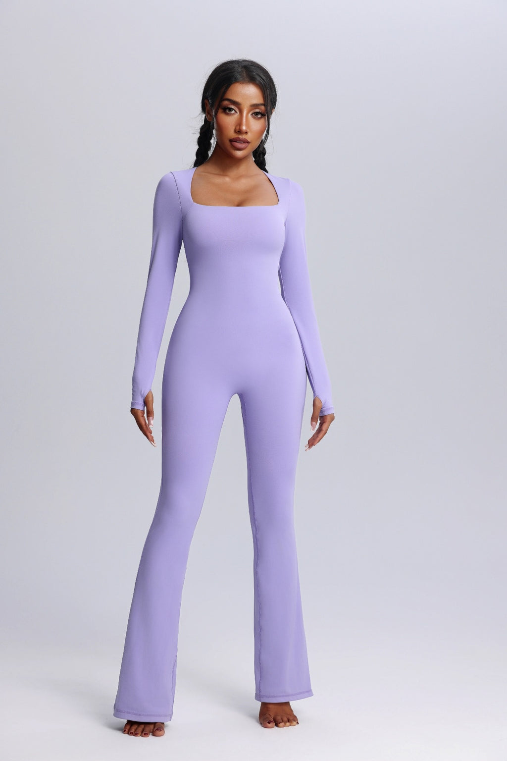 Square Neck Long Sleeve Flared Yoga Jumpsuit