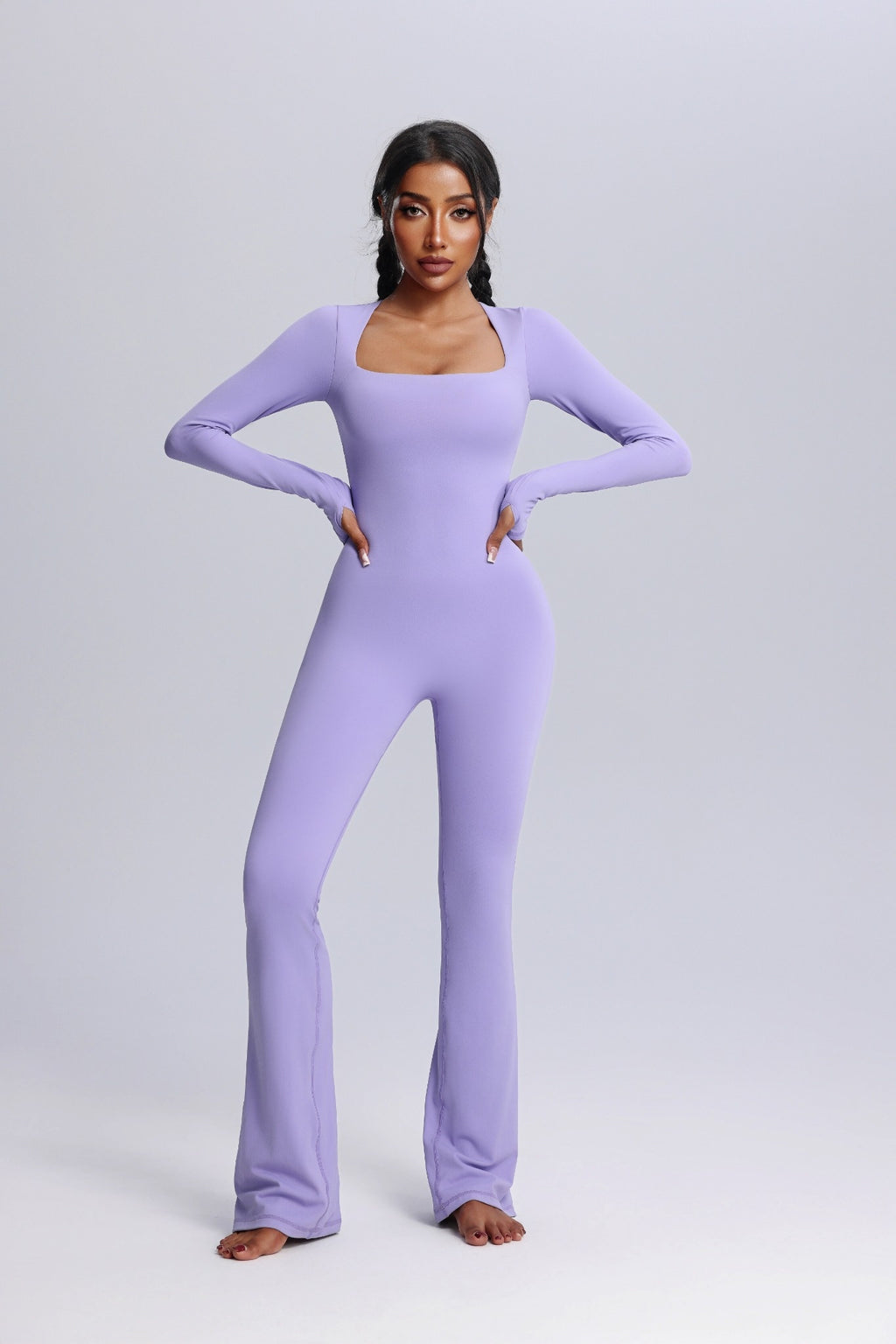 Square Neck Long Sleeve Flared Yoga Jumpsuit