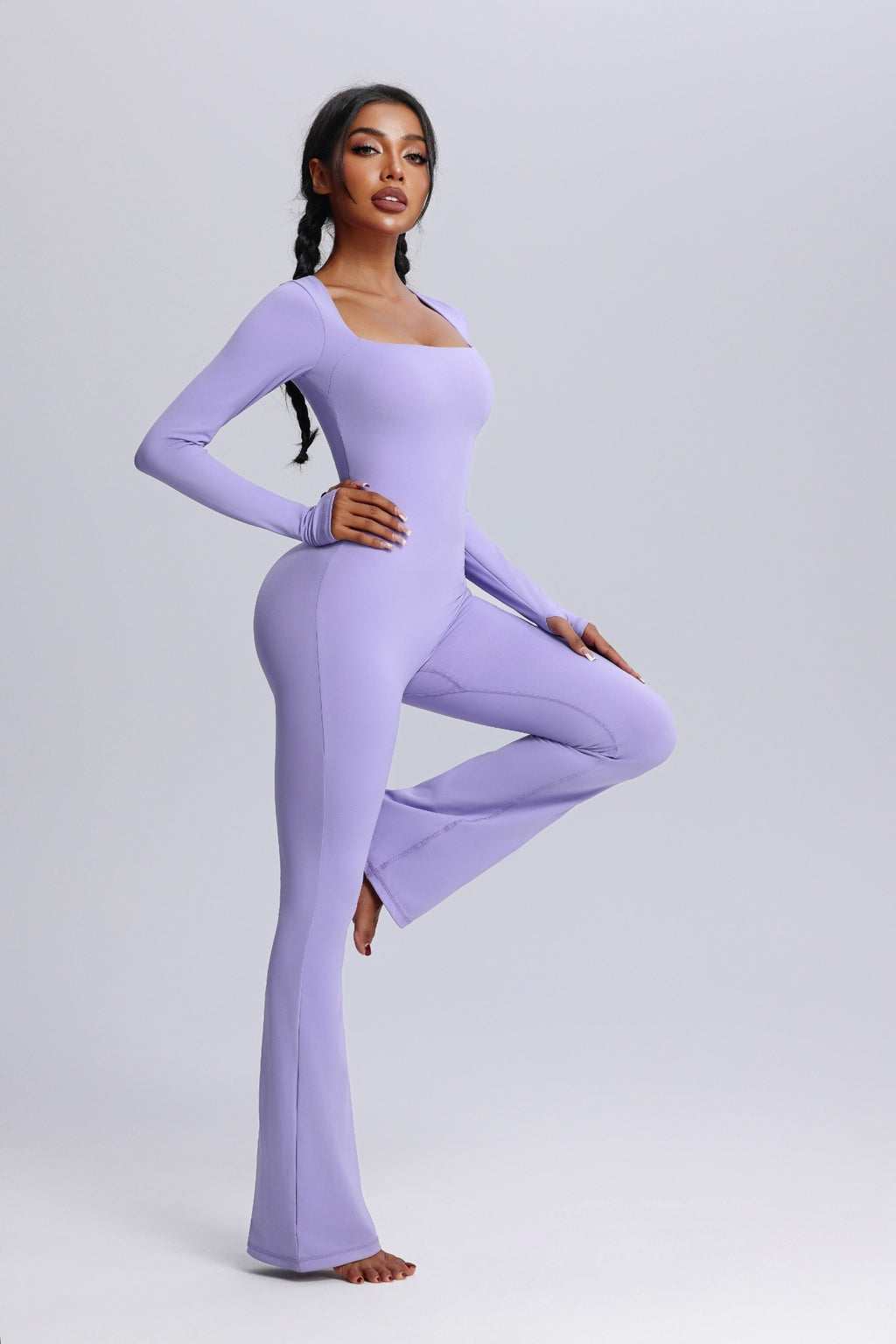 Square Neck Long Sleeve Flared Yoga Jumpsuit