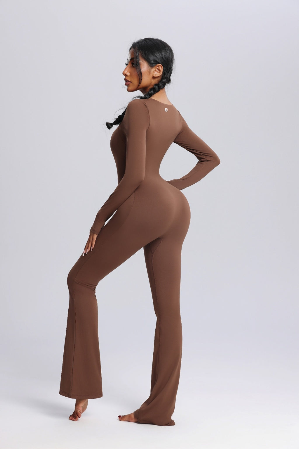 Square Neck Long Sleeve Flared Yoga Jumpsuit