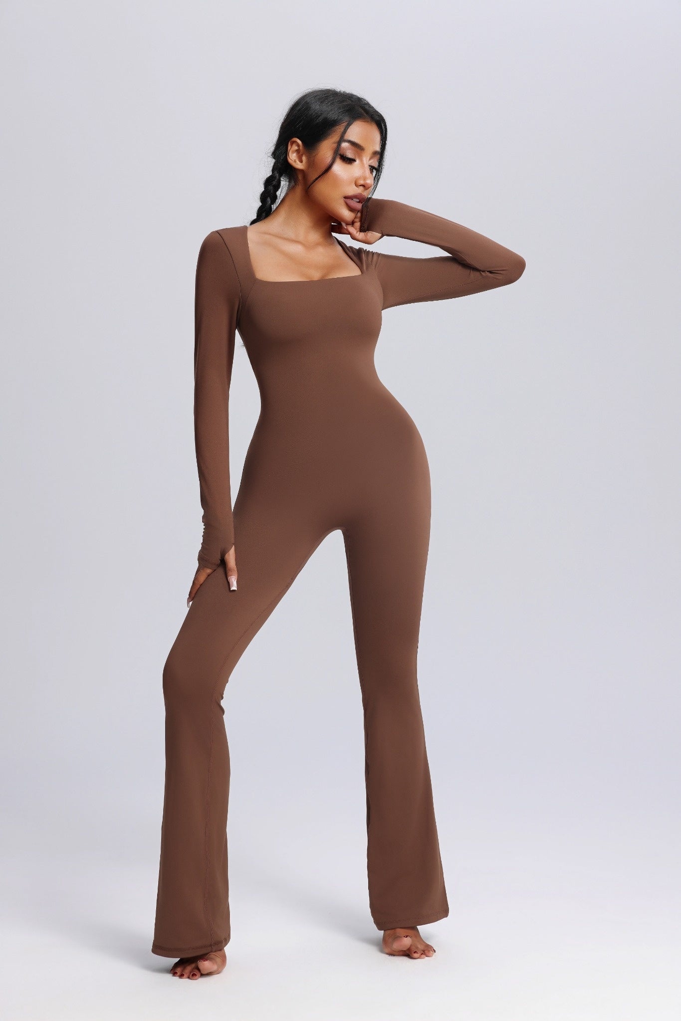Square Neck Long Sleeve Flared Yoga Jumpsuit
