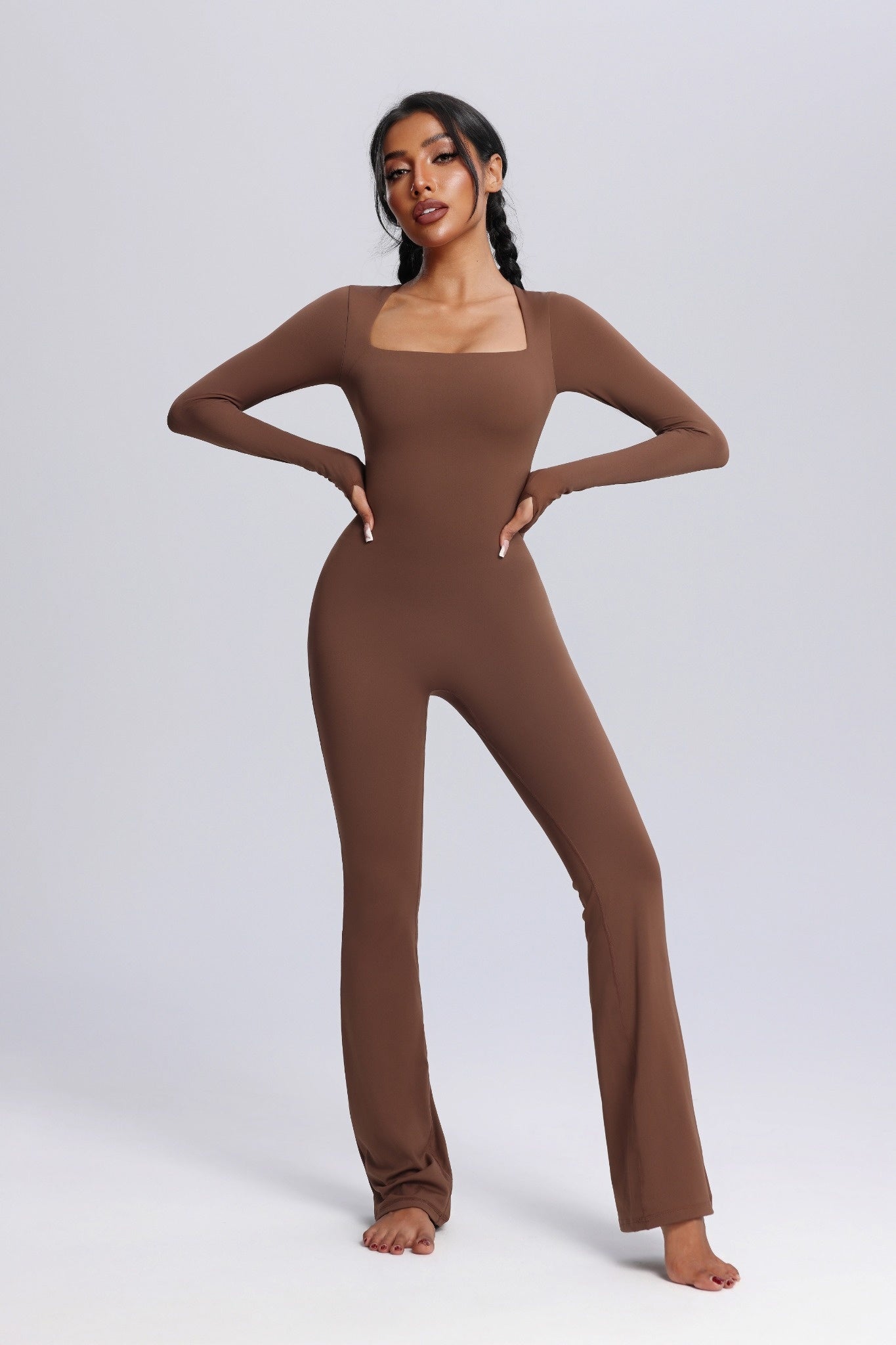 Square Neck Long Sleeve Flared Yoga Jumpsuit