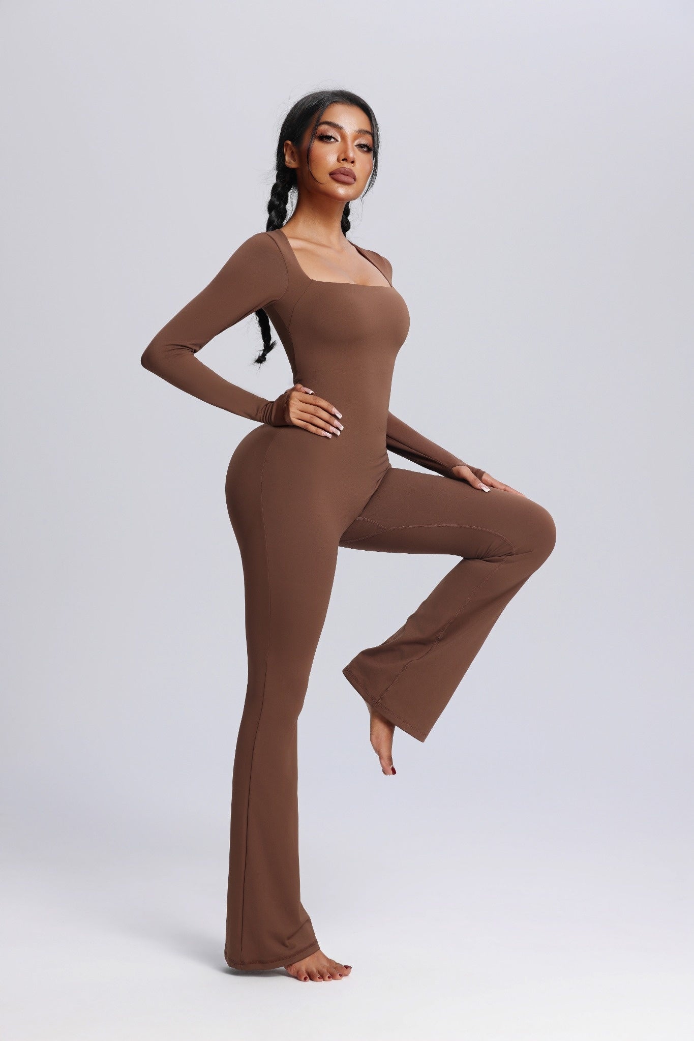 Square Neck Long Sleeve Flared Yoga Jumpsuit
