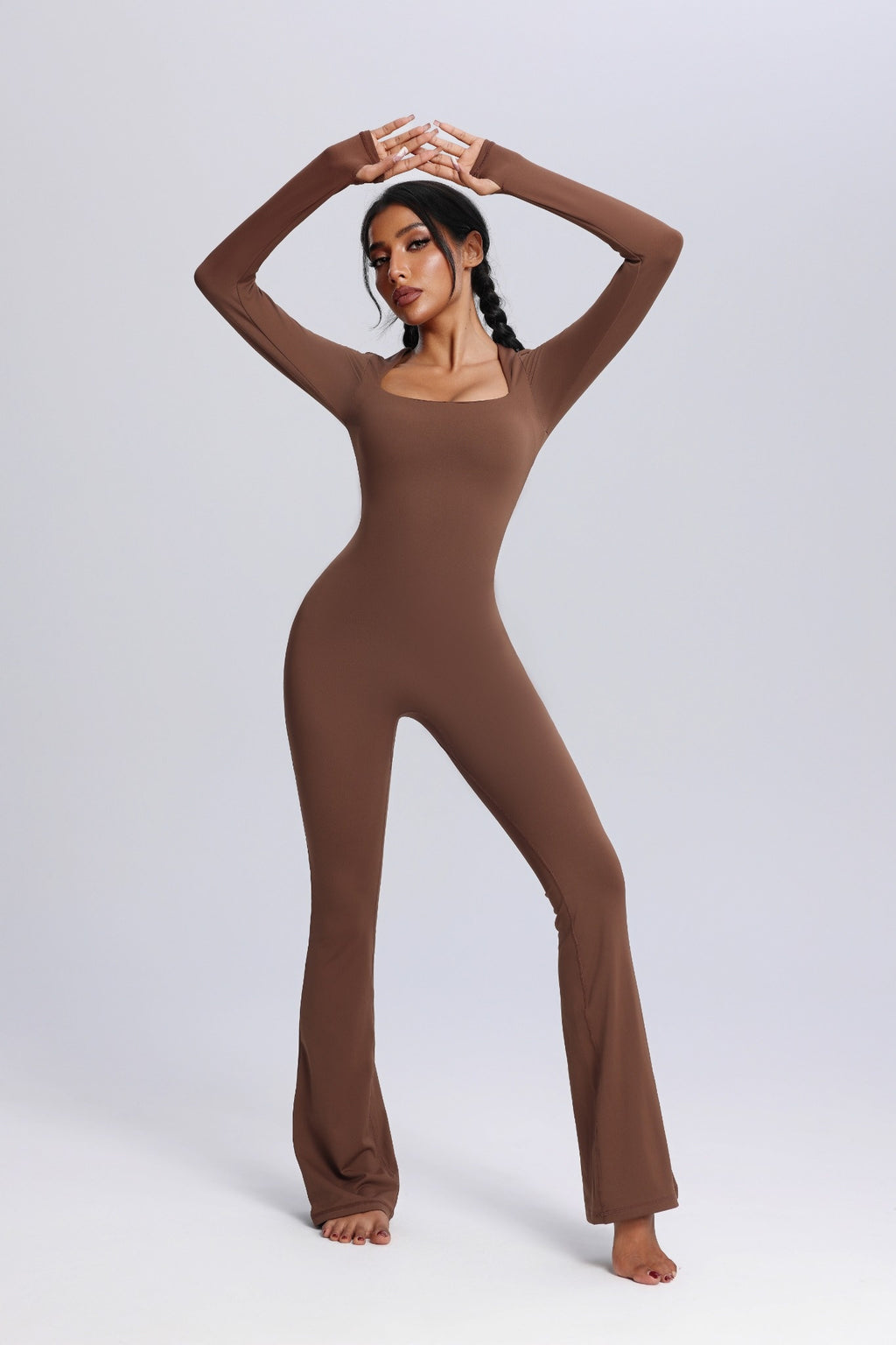 Square Neck Long Sleeve Flared Yoga Jumpsuit