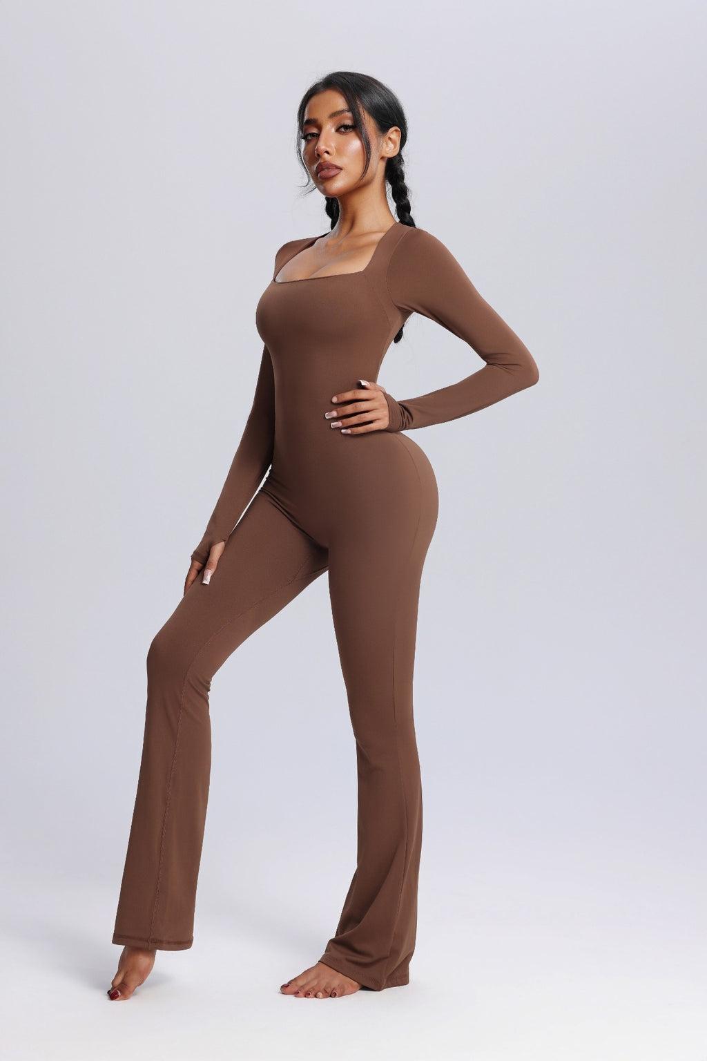 Square Neck Long Sleeve Flared Yoga Jumpsuit