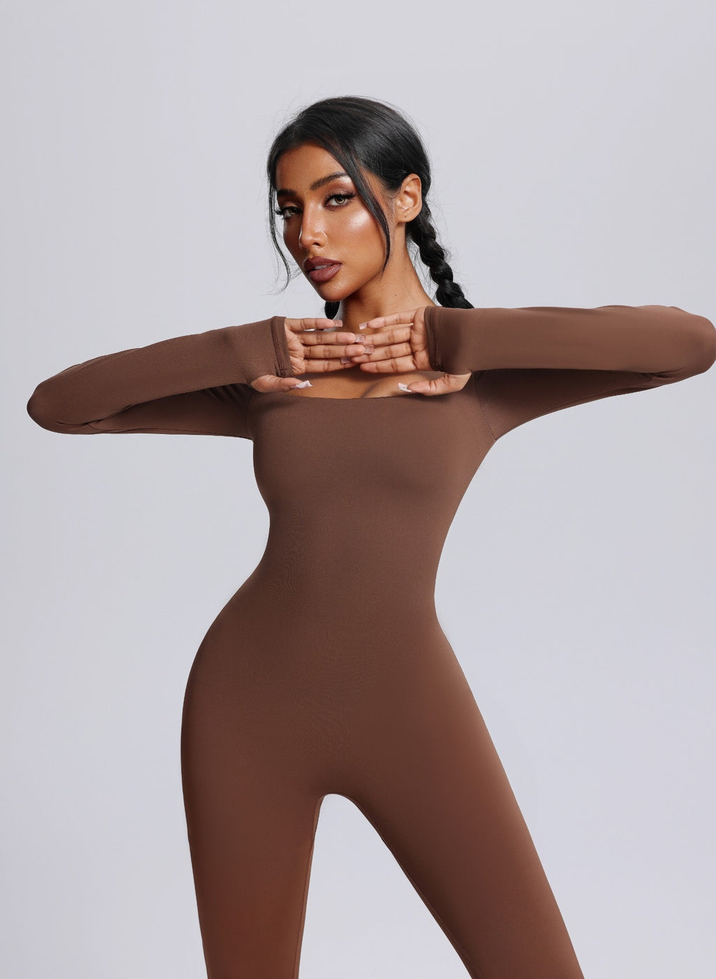 Square Neck Long Sleeve Flared Yoga Jumpsuit