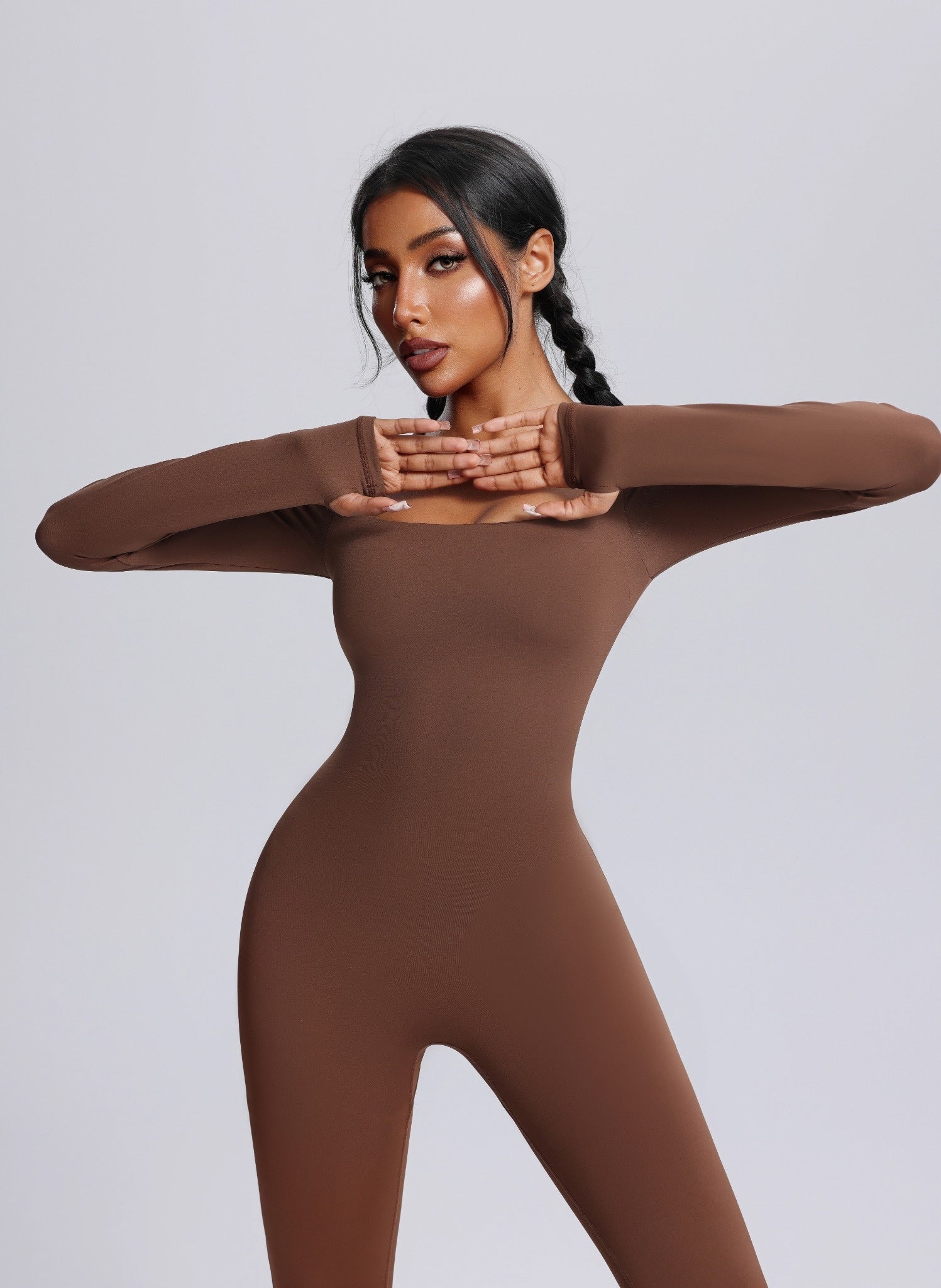 Square Neck Long Sleeve Flared Yoga Jumpsuit