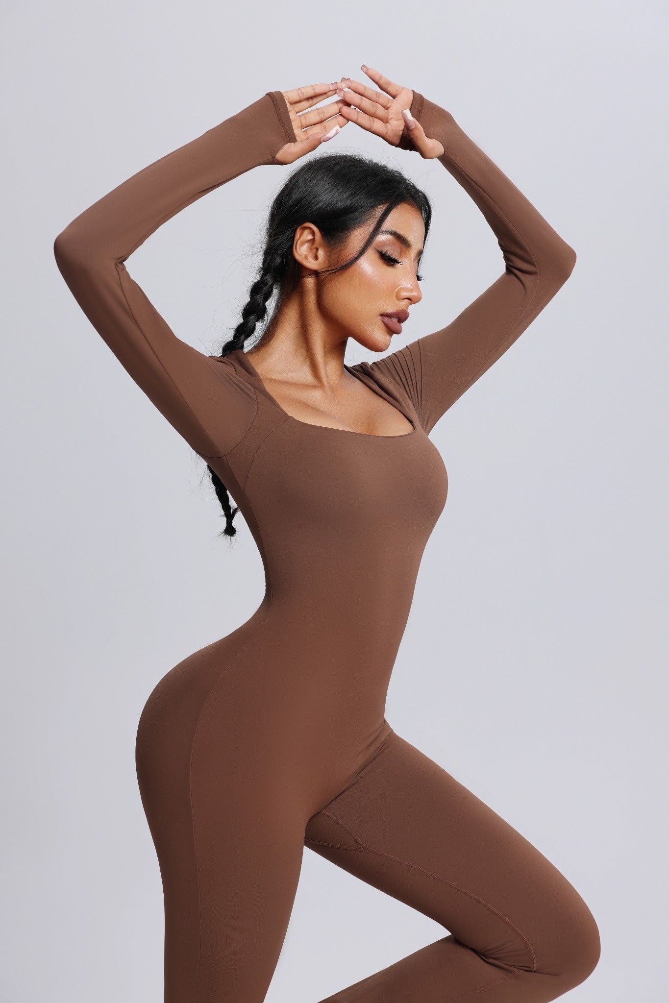 Square Neck Long Sleeve Flared Yoga Jumpsuit