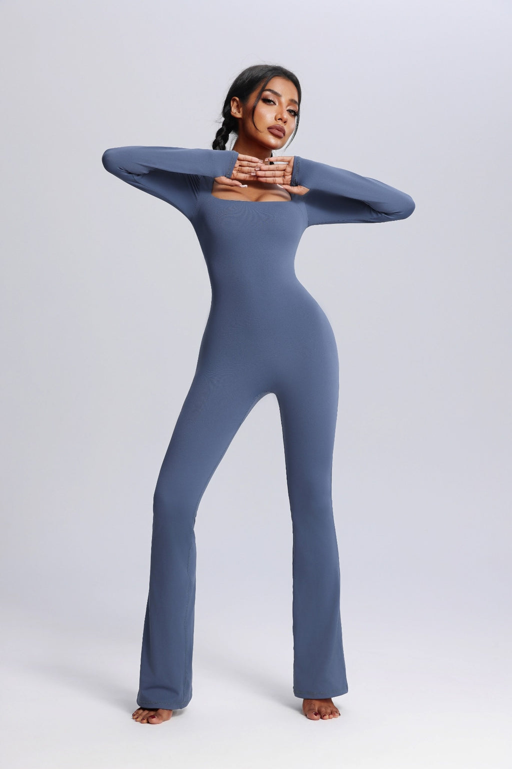 Square Neck Long Sleeve Flared Yoga Jumpsuit