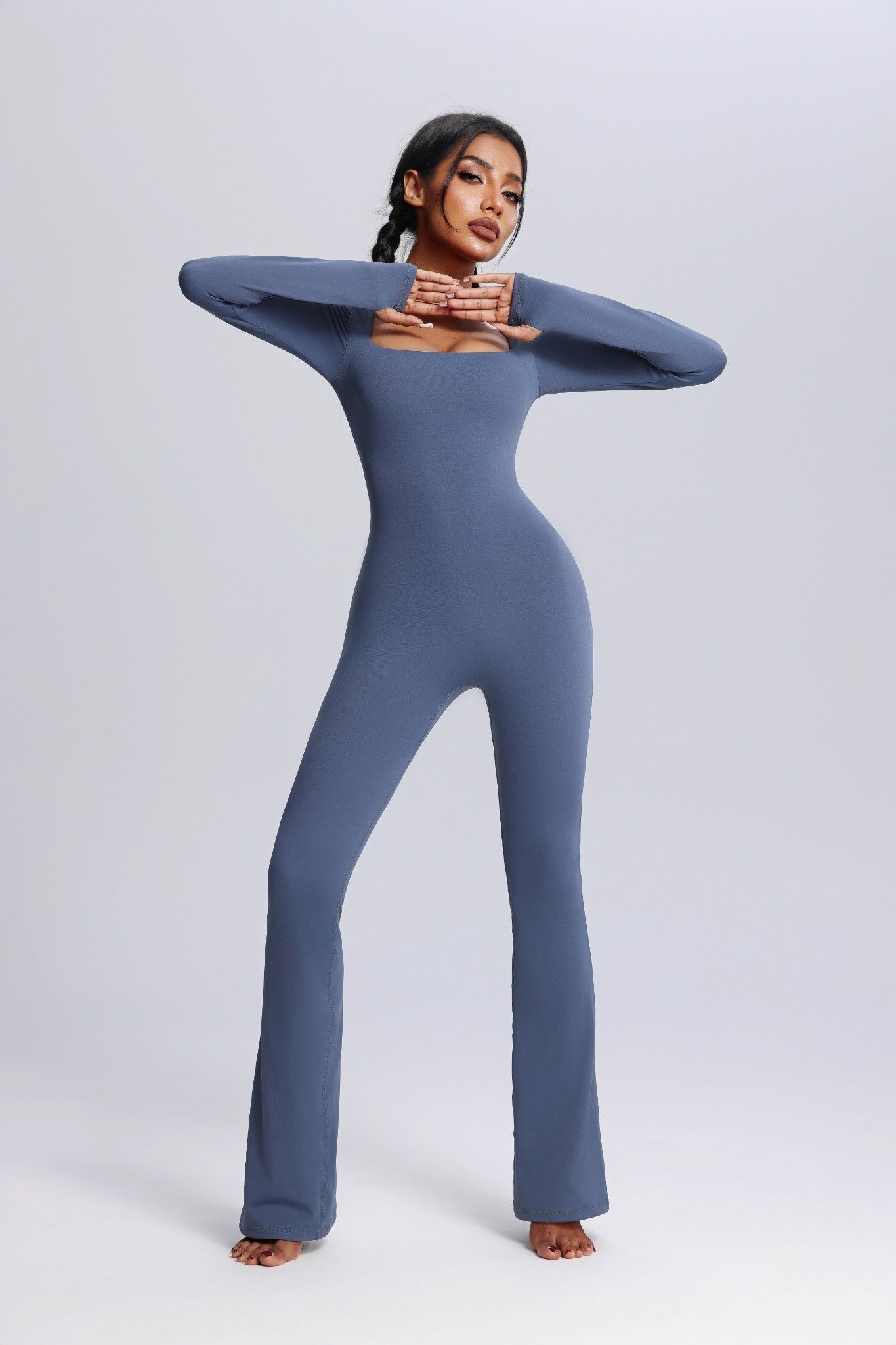 Square Neck Long Sleeve Flared Yoga Jumpsuit