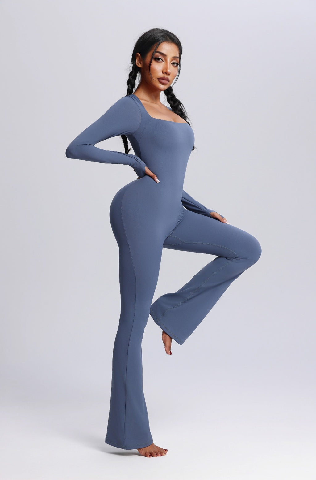 Square Neck Long Sleeve Flared Yoga Jumpsuit