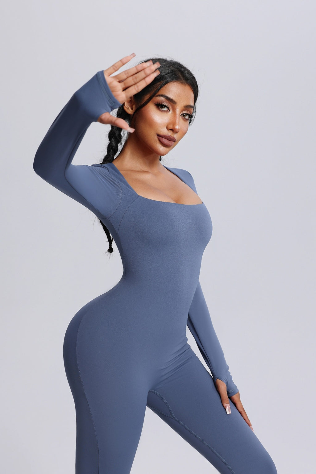 Square Neck Long Sleeve Flared Yoga Jumpsuit
