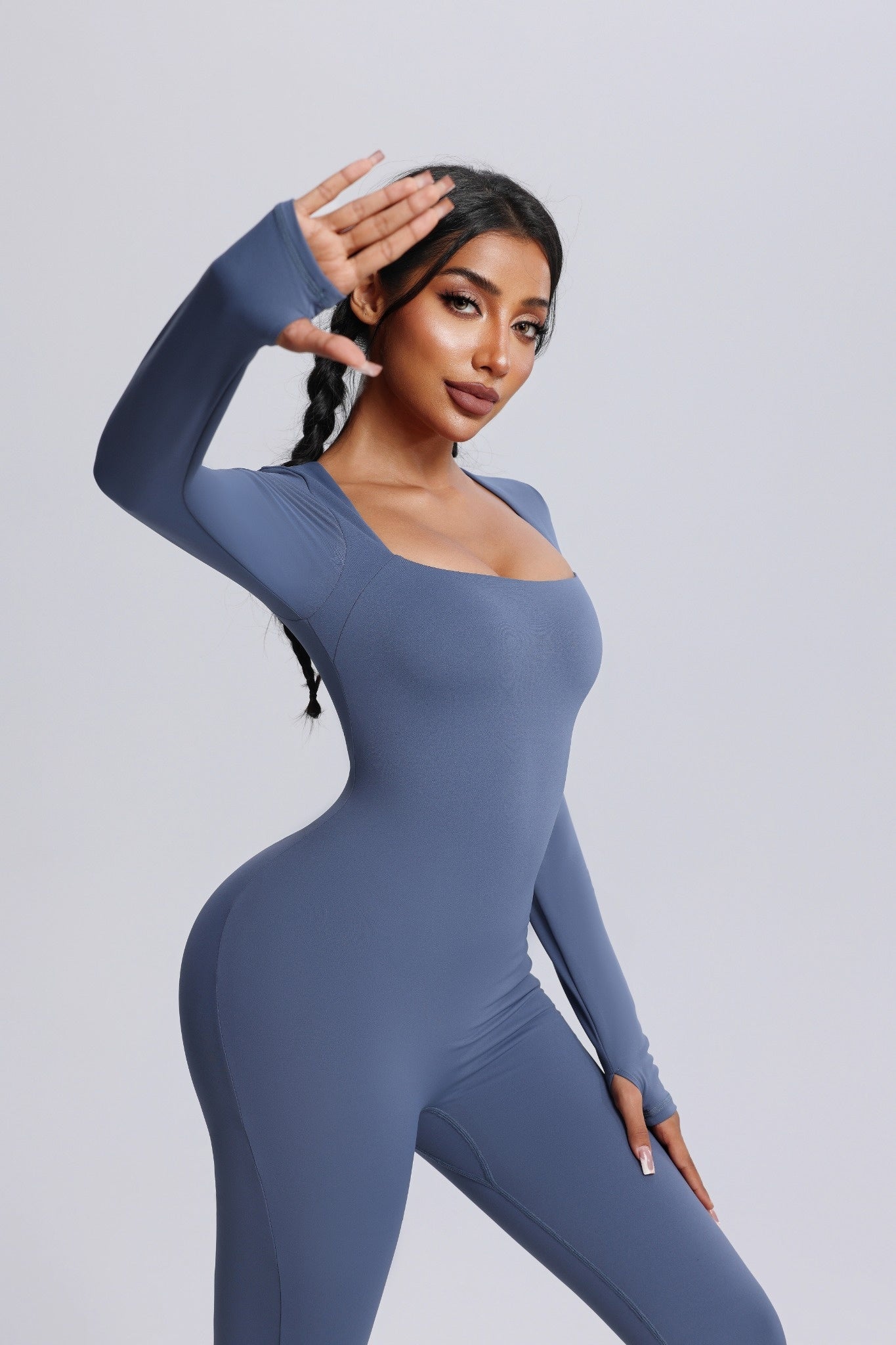 Square Neck Long Sleeve Flared Yoga Jumpsuit