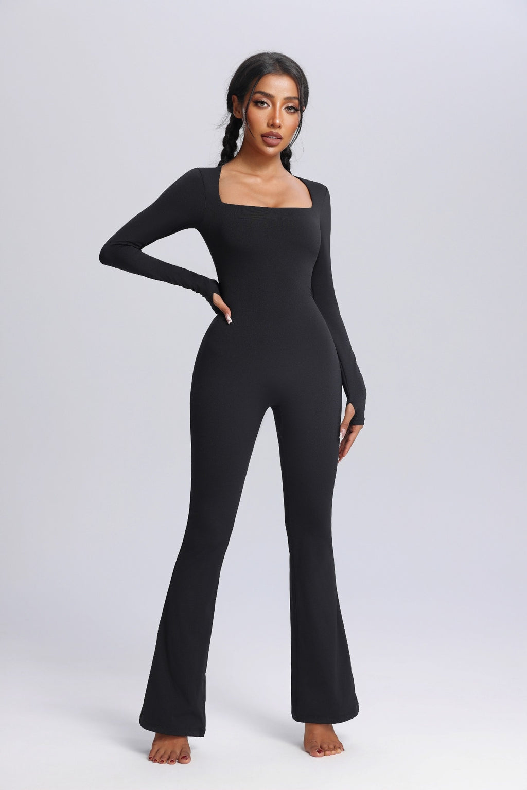 Square Neck Long Sleeve Flared Yoga Jumpsuit