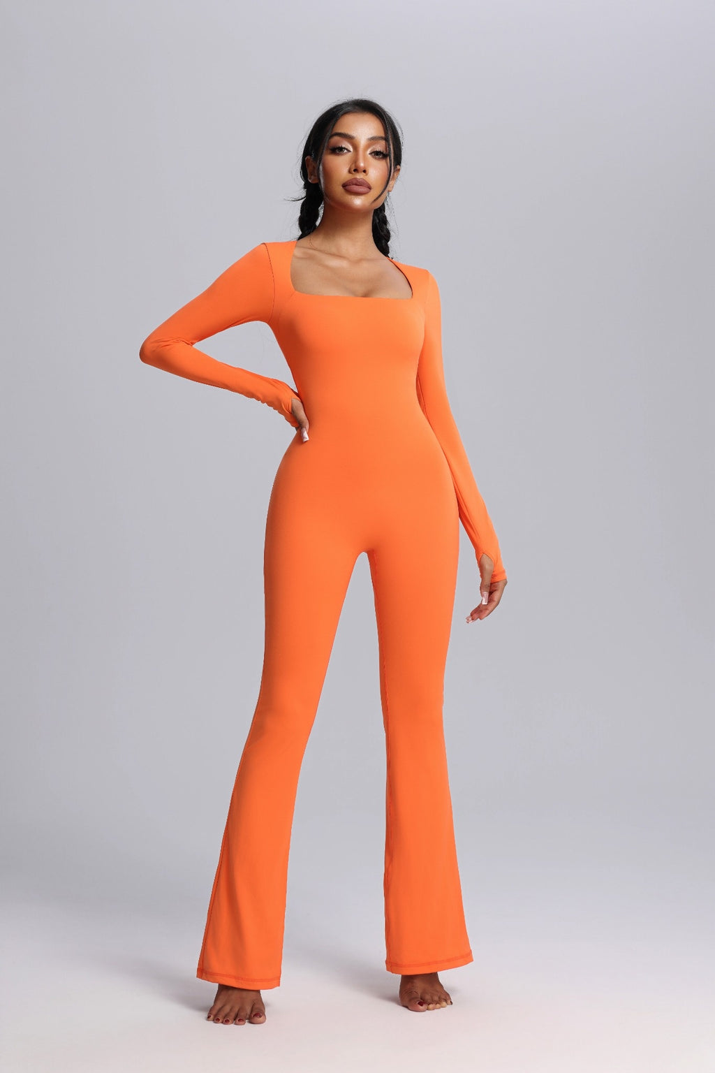 Square Neck Long Sleeve Flared Yoga Jumpsuit