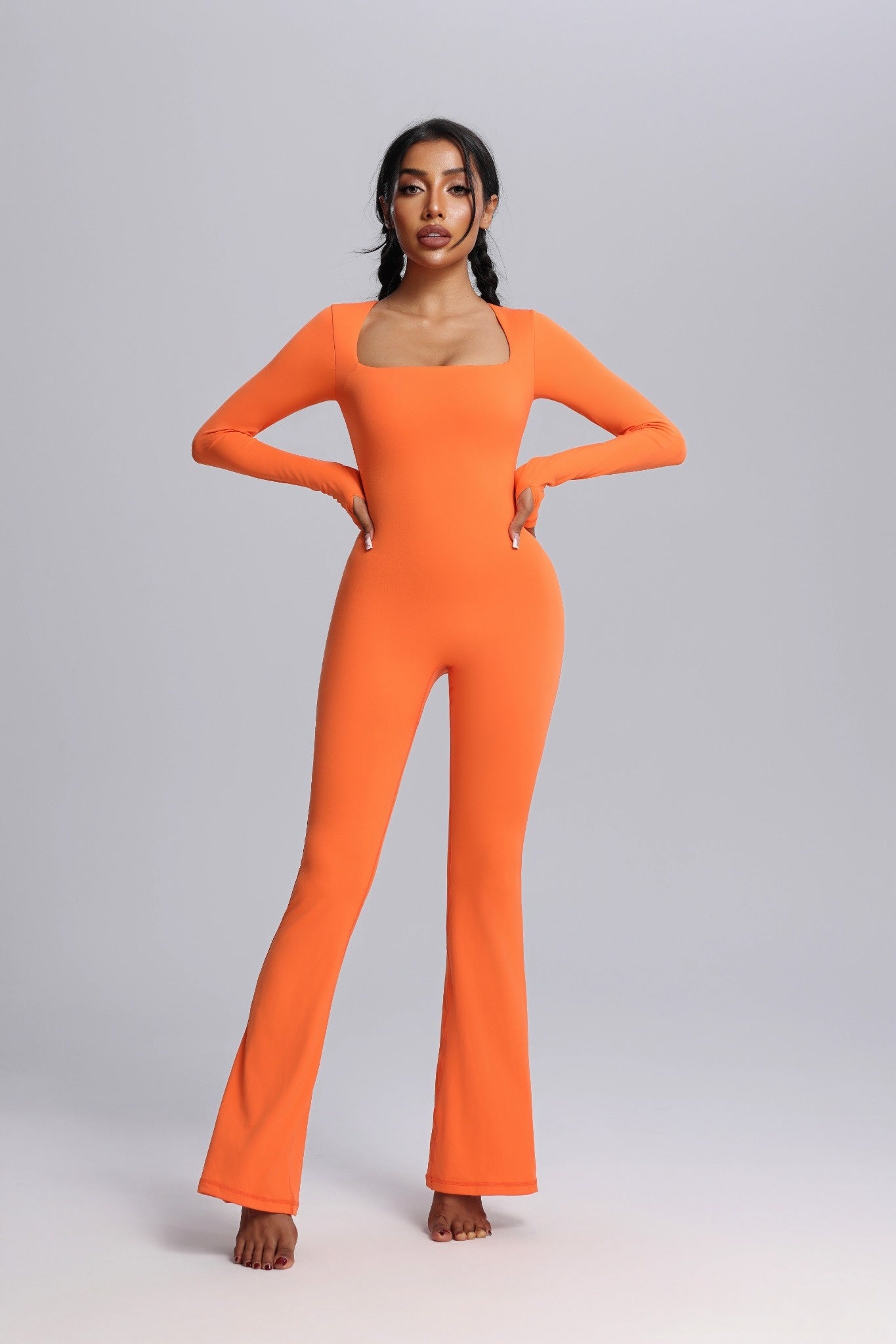 Square Neck Long Sleeve Flared Yoga Jumpsuit