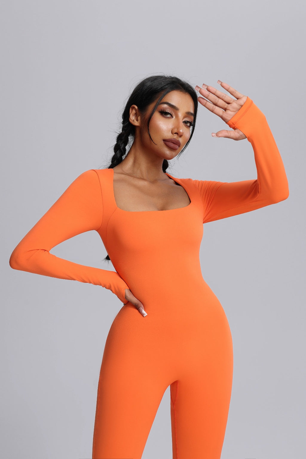 Square Neck Long Sleeve Flared Yoga Jumpsuit