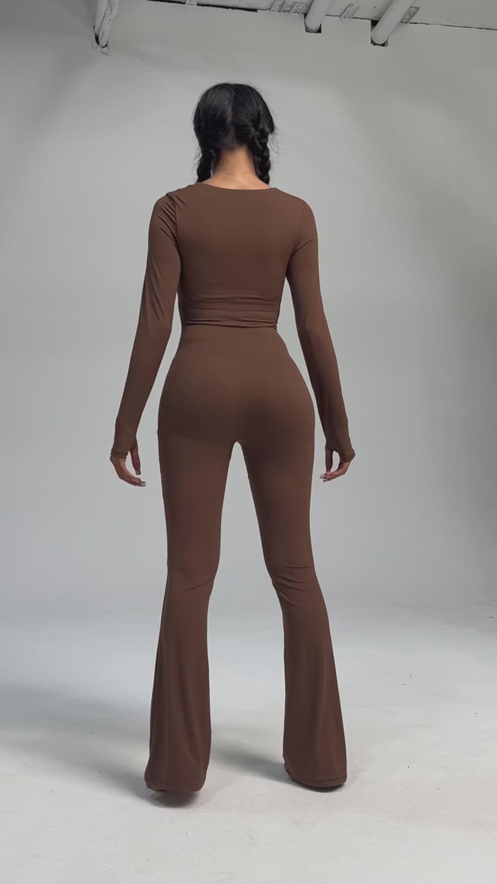 Square Neck Long Sleeve Flared Yoga Jumpsuit